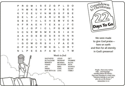 DaySpring - The Shepherd on The Search - Count Down to Christmas Coloring Placemats (Set of 25 Christmas Coloring Pages) (90953), Large, Blue