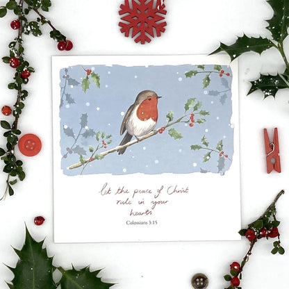 20 Christian Religious Christmas Bible Verse Cards of one design "Winter Robin" - 20 Christmas holiday cards with scripture - supporting missionary charity work