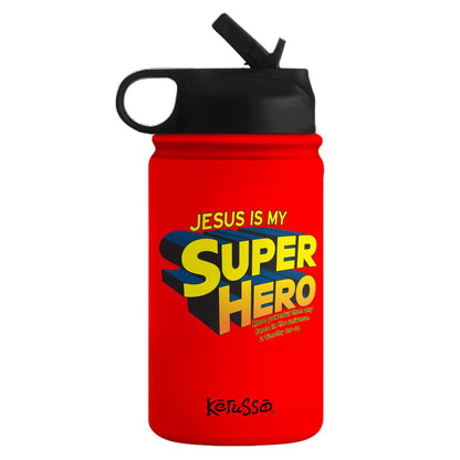 Kerusso Jesus Is My Super Hero 2 Timothy 1:9-10, Red 12 Ounce Stainless Steel Travel Sports Tumbler With Built In Straw