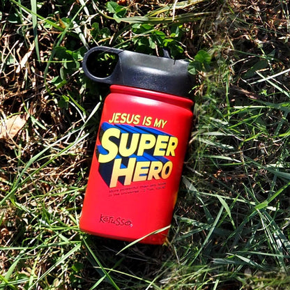 Kerusso Jesus Is My Super Hero 2 Timothy 1:9-10, Red 12 Ounce Stainless Steel Travel Sports Tumbler With Built In Straw