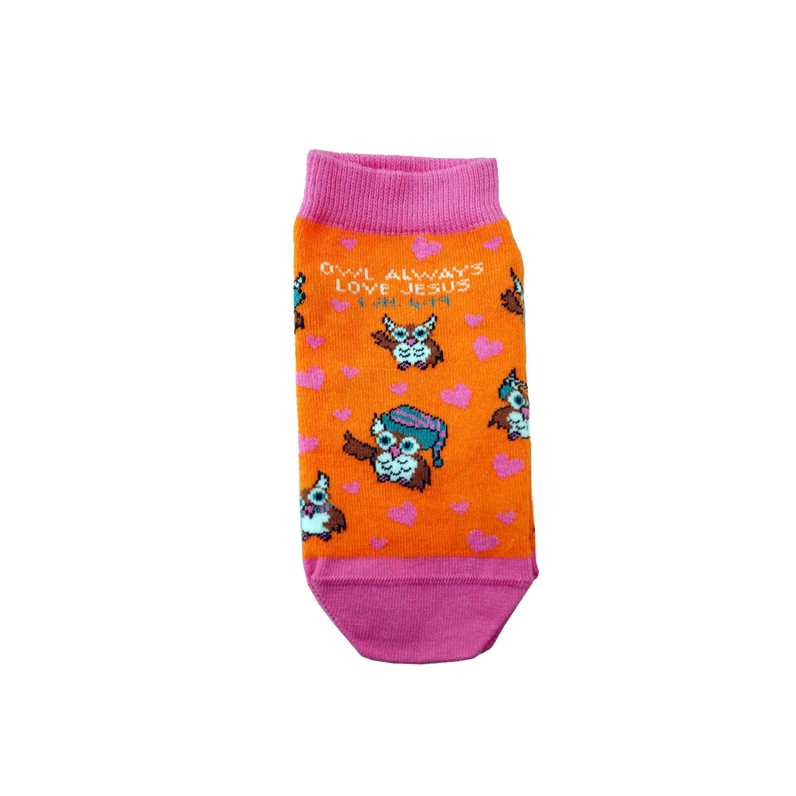 Kerusso Owl Always Love Jesus, 1 John 4:19, Multicolor One Size Fits Most Cotton Blend Everyday No-Show Socks, Multicolor, One size