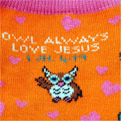 Kerusso Owl Always Love Jesus, 1 John 4:19, Multicolor One Size Fits Most Cotton Blend Everyday No-Show Socks, Multicolor, One size
