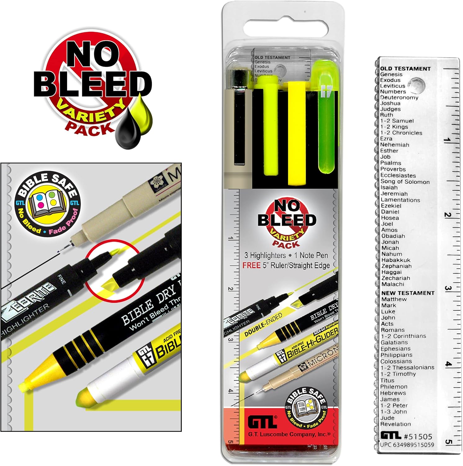 Accu-Gel, Zebrite, Pigma Micron & Bible Dry - No Bleed Variety Highlighting and Underlining Pack (Set of 5