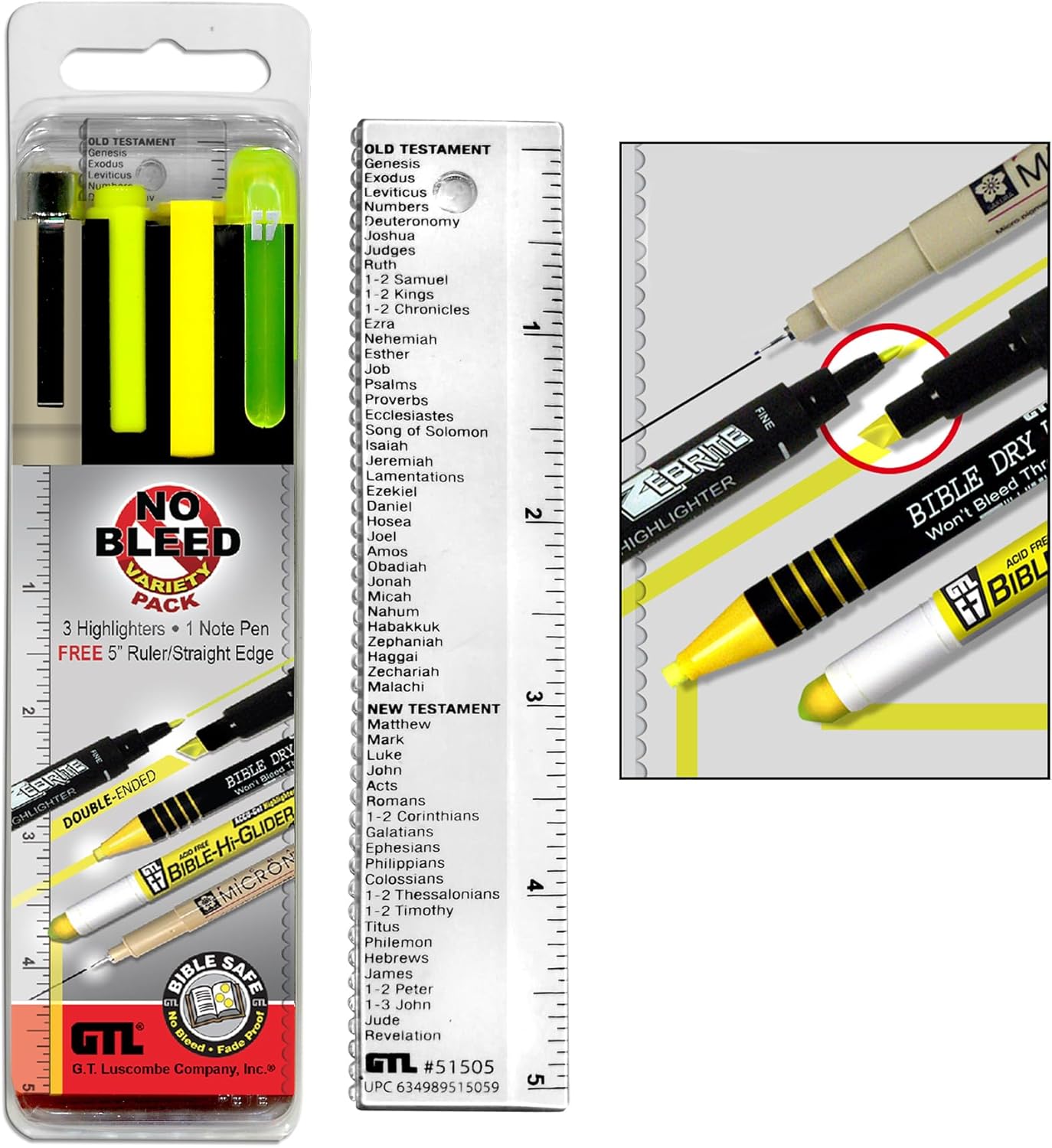 Accu-Gel, Zebrite, Pigma Micron & Bible Dry - No Bleed Variety Highlighting and Underlining Pack (Set of 5