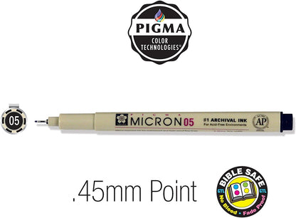 GTL Pigma Micron Favorites Black Pens 5 Piece Bible Study Set - Ultra Fine to Medium Point plus White Gelly Roll Pen and Bookmark