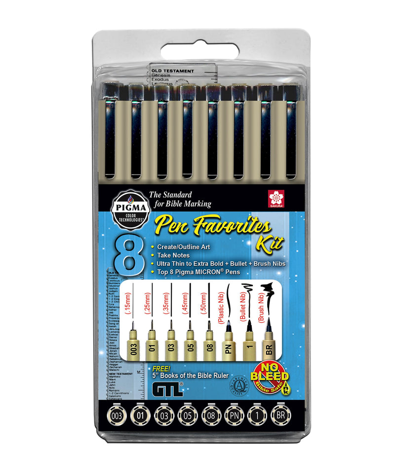 GTL Pigma Micron Favorites Black Pens 8 Piece Bible Study Set - Ultra Fine to Medium Point plus Brush, Bullet Tip and Bookmark