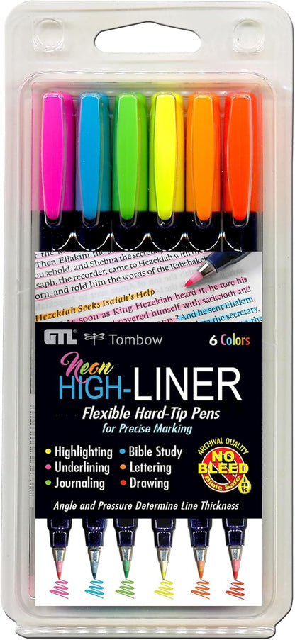 G.T. Luscombe Company, Inc. Tom Bow Bible Study High-Liner, Flexible Hard Tip, Brush Pens in Assorted Neon Pink, Blue, Green, Yellow, Orange, Red Colors for Underlining and Precise Marking