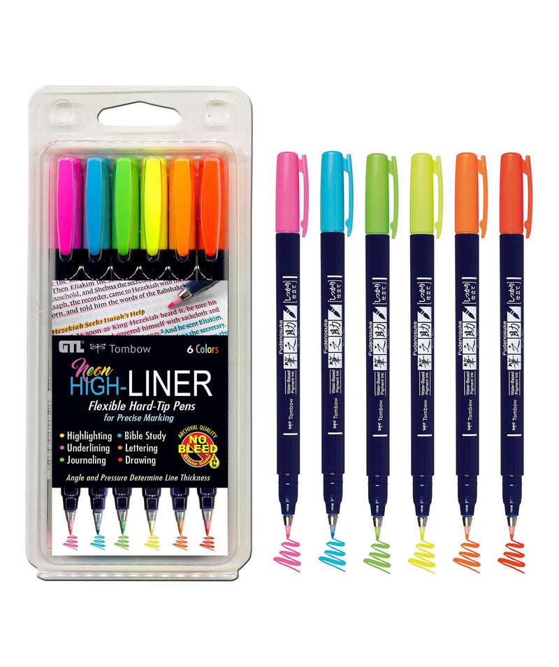 G.T. Luscombe Company, Inc. Tom Bow Bible Study High-Liner, Flexible Hard Tip, Brush Pens in Assorted Neon Pink, Blue, Green, Yellow, Orange, Red Colors for Underlining and Precise Marking