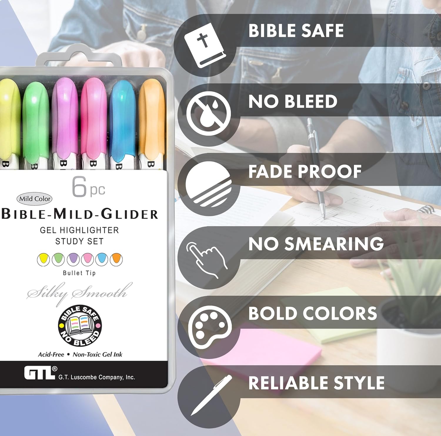 G.T. Luscombe Company, Inc. Bible Mild-Glider Gel Highlighter, Bible Study, No Bleed Solid, No Smearing or Fading, Long Lasting, Translucent Color Dry Marker, Mild Violet