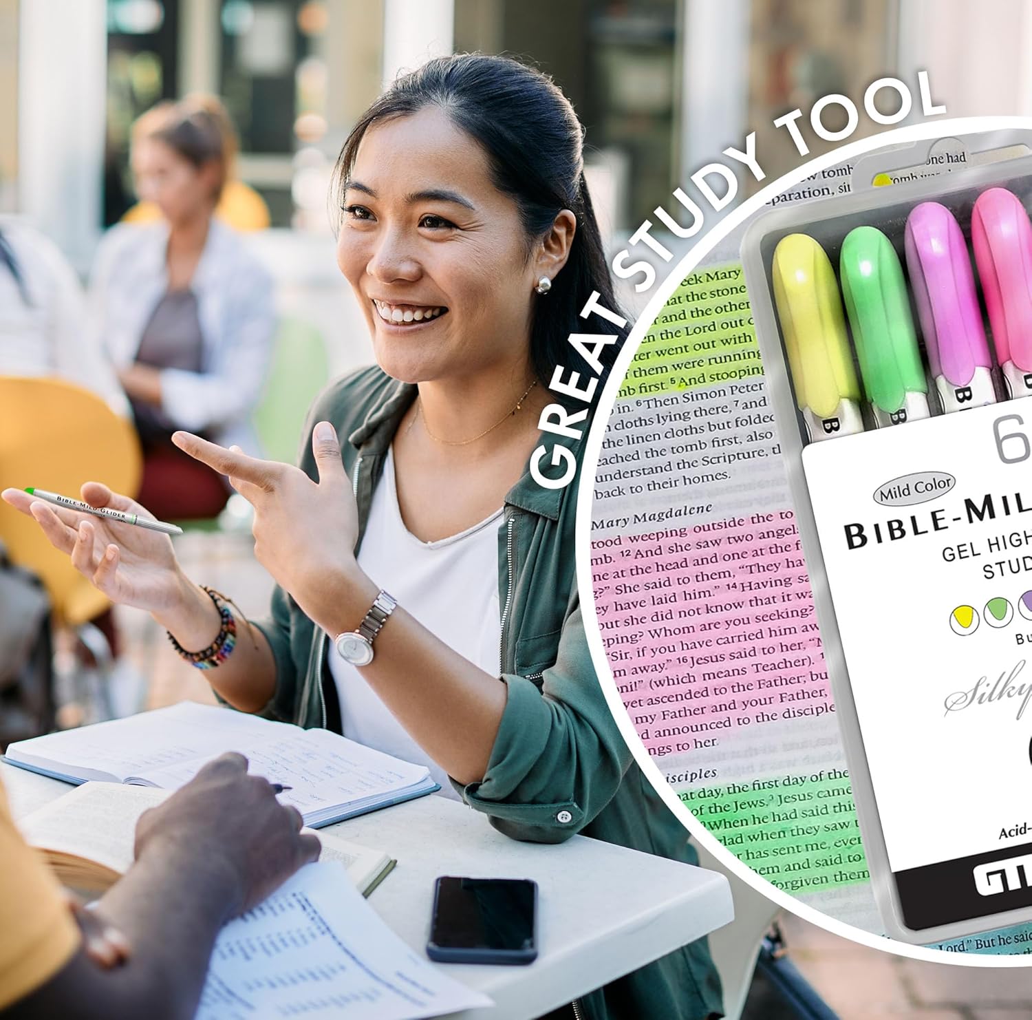 G.T. Luscombe Company, Inc. Bible Mild-Glider Gel Highlighter, Bible Study, No Bleed Solid, No Smearing or Fading, Long Lasting, Translucent Dry Marker, Assorted Colors 6 Piece Set