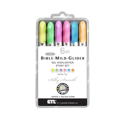 G.T. Luscombe Company, Inc. Bible Mild-Glider Gel Highlighter, Bible Study, No Bleed Solid, No Smearing or Fading, Long Lasting, Translucent Dry Marker, Assorted Colors 6 Piece Set
