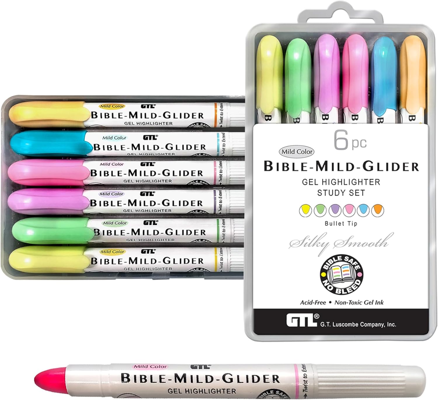 G.T. Luscombe Company, Inc. Bible Mild-Glider Gel Highlighter, Bible Study, No Bleed Solid, No Smearing or Fading, Long Lasting, Translucent Dry Marker, Assorted Colors 6 Piece Set