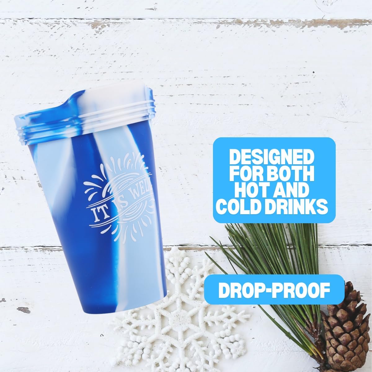 Swanson Christian Products It is Well | Blue | 16 OZ Silicone Tumbler | Dishwasher Safe Reusable Coffee Cups with Lids | Hot or Cold Drinks Portable Travel Mug