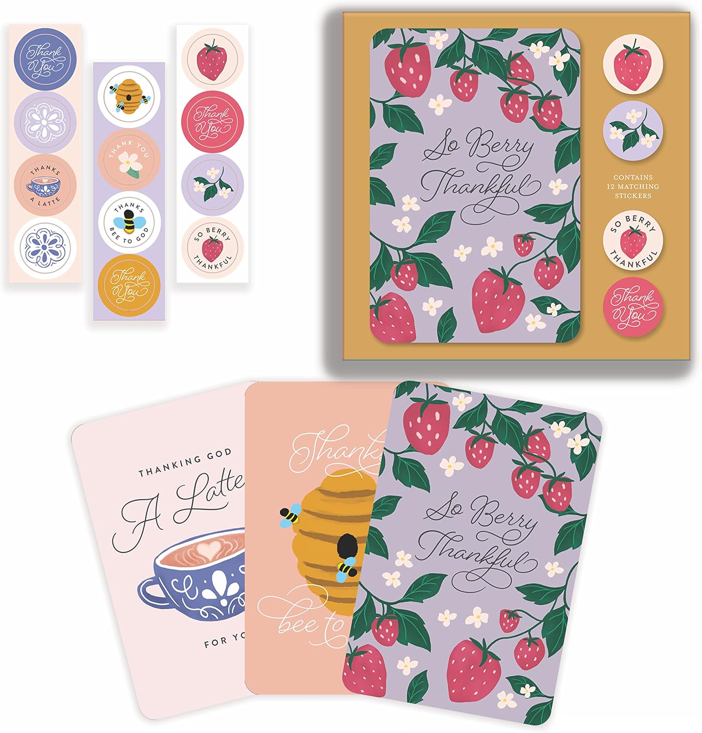 Bella Paper Thanks A Pun Assorted Thank You Note Card Set - Pack of 12-3.5" x 5.25" Printed Textured Art Paper, 3 Punny Designs, Cards with Bible verses inside, Matching Stickers and Envelopes