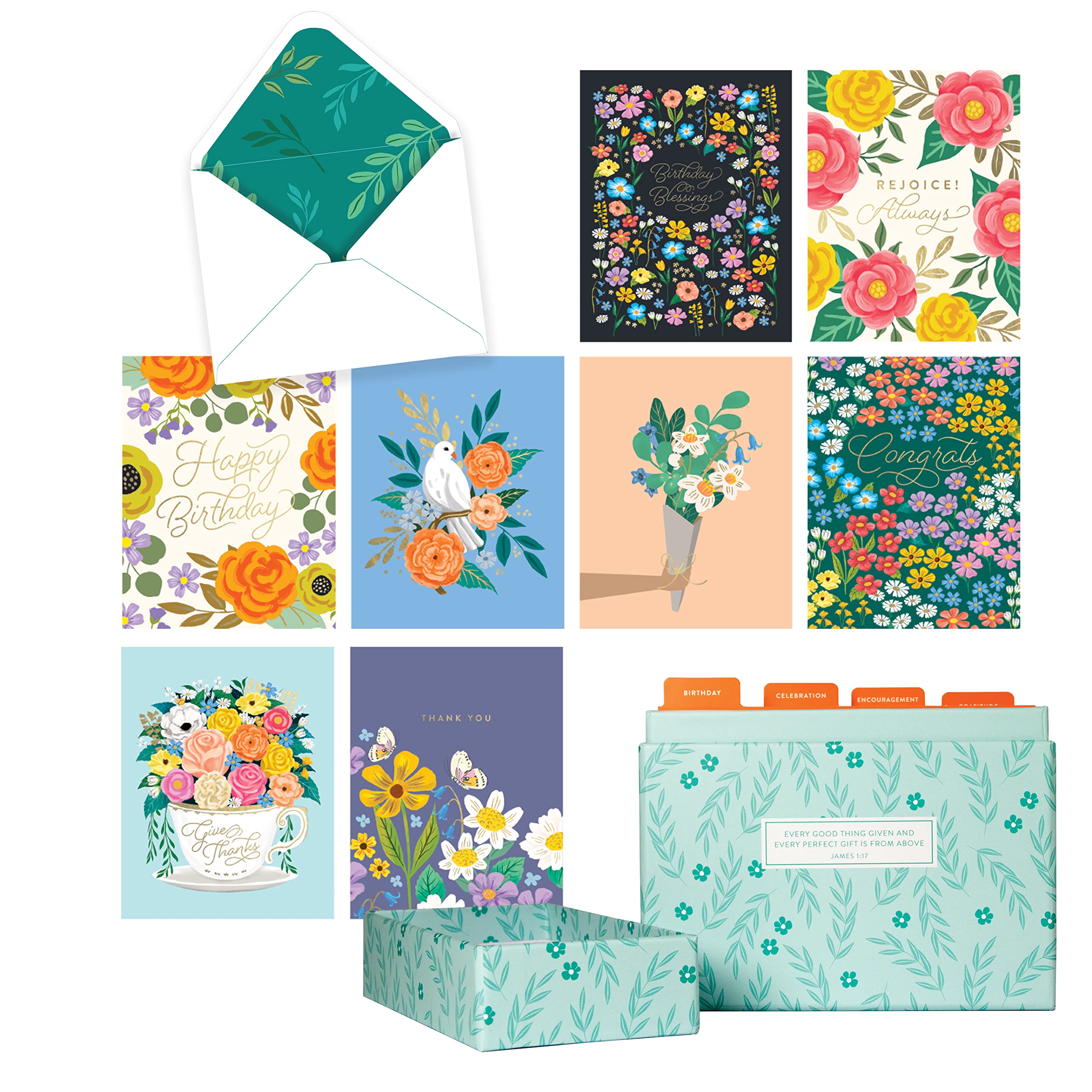 Bella Paper Bouquet of Blessings All Occasion Greeting Card Set—20 Cards and lined Envelopes with Card Organizer Box —Birthday Cards, Celebration Cards, Encouragement Cards, Gratitude Cards, 4.25" x