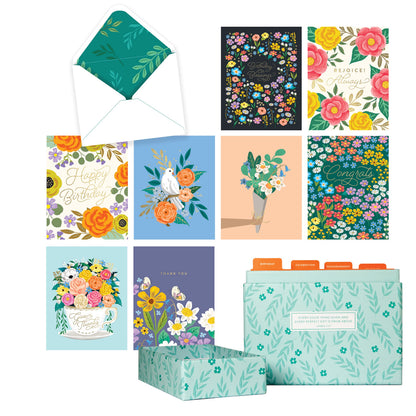 Bella Paper Bouquet of Blessings All Occasion Greeting Card Set—20 Cards and lined Envelopes with Card Organizer Box —Birthday Cards, Celebration Cards, Encouragement Cards, Gratitude Cards, 4.25" x