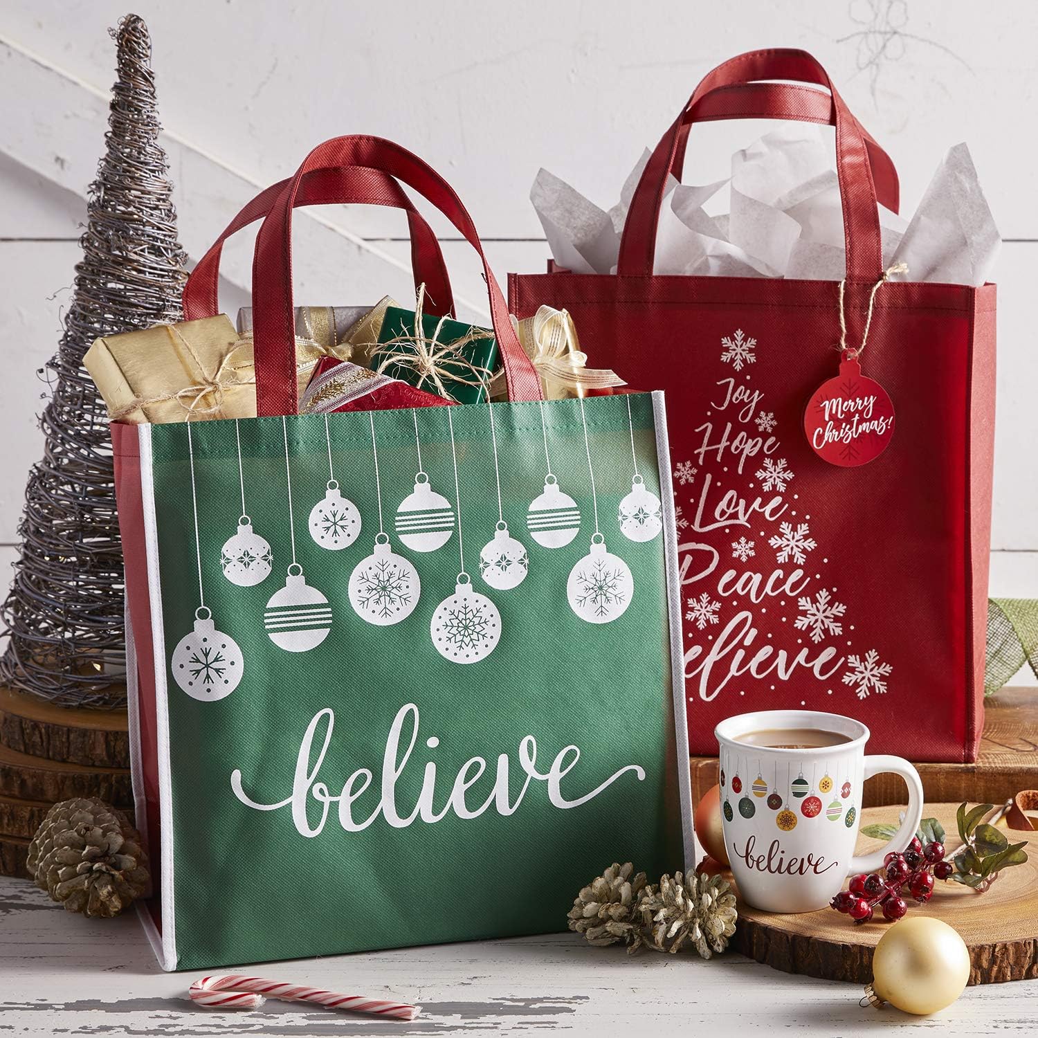 Reusable Handle Tote Gift Grocery Bags Holiday Faith Believe Set of 3