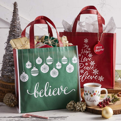 Reusable Handle Tote Gift Grocery Bags Holiday Faith Believe Set of 3