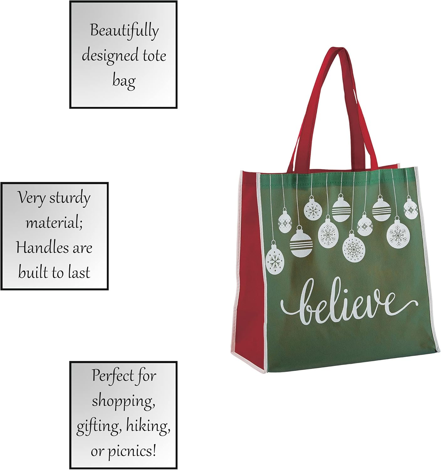 Reusable Handle Tote Gift Grocery Bags Holiday Faith Believe Set of 3