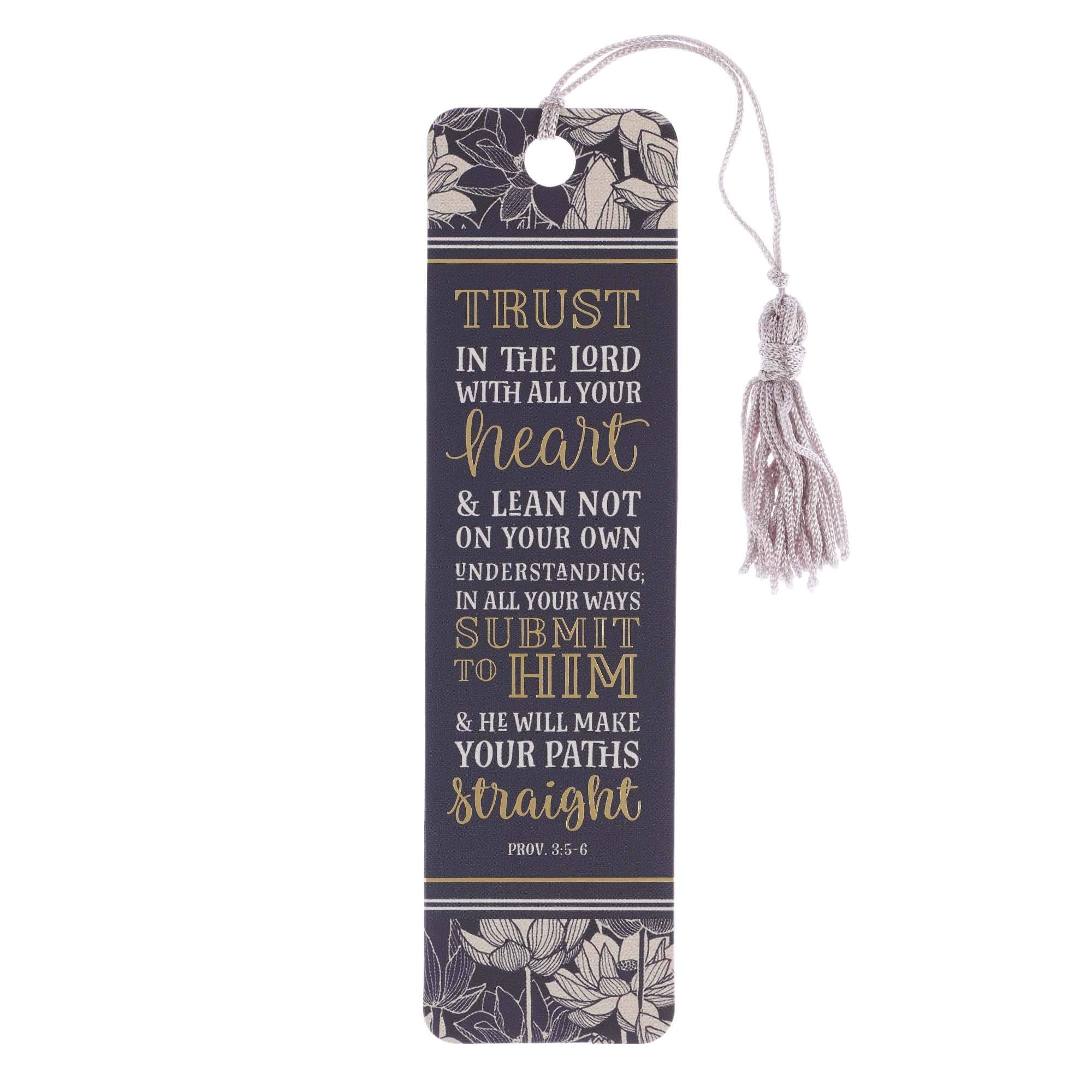 Christian Art Gifts Scripture Bookmark | Trust in The Lord – Proverbs 3:5-6 Bible Verse | Inspirational Grey Floral Bookmark for Women w/Tassel