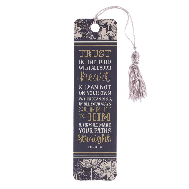 Christian Art Gifts Scripture Bookmark | Trust in The Lord – Proverbs 3:5-6 Bible Verse | Inspirational Grey Floral Bookmark for Women w/Tassel
