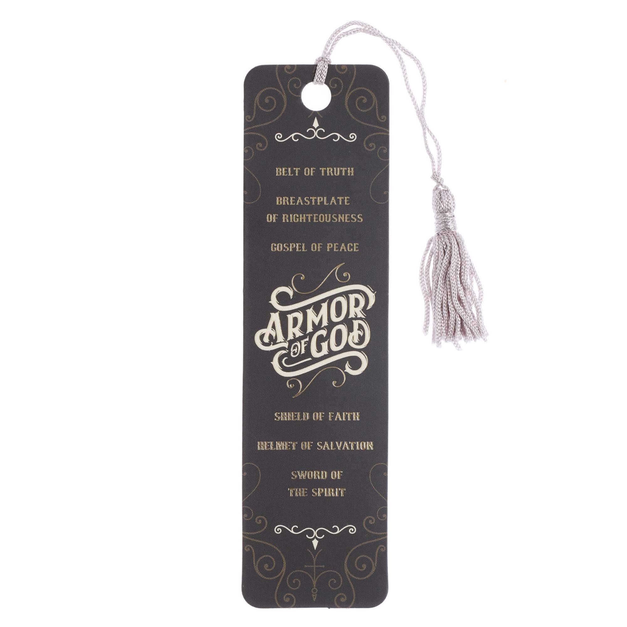Christian Art Gifts Scripture Bookmark | Armor of God - Ephesians 6:10-18 Bible Verse | Inspirational Black Bookmark for Men and Women w/Tassel