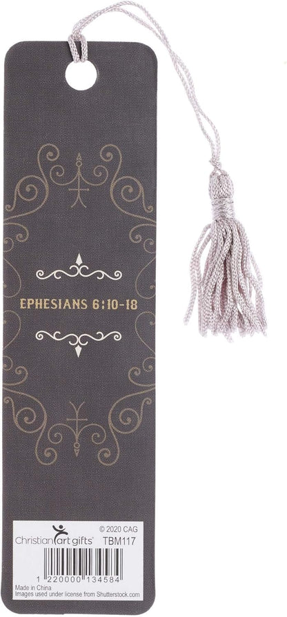 Christian Art Gifts Scripture Bookmark | Armor of God - Ephesians 6:10-18 Bible Verse | Inspirational Black Bookmark for Men and Women w/Tassel