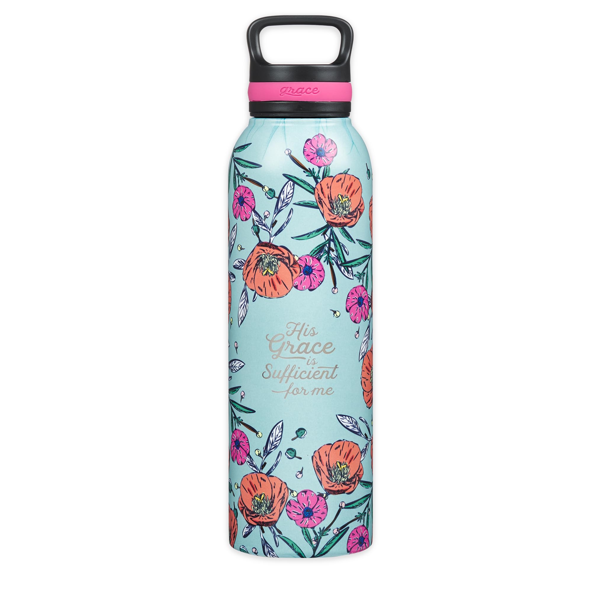 Christian Art Gifts Stainless Steel Double Wall Vacuum Insulated Water Bottle for Women: His Grace is Sufficient - 2 Corinthians 12:9 Inspirational Verse w/Carry Handle Lid, Teal Multi Floral, 24 oz.