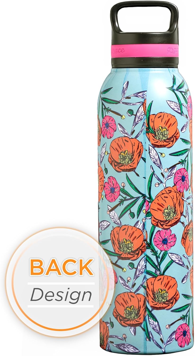 Christian Art Gifts Stainless Steel Double Wall Vacuum Insulated Water Bottle for Women: His Grace is Sufficient - 2 Corinthians 12:9 Inspirational Verse w/Carry Handle Lid, Teal Multi Floral, 24 oz.