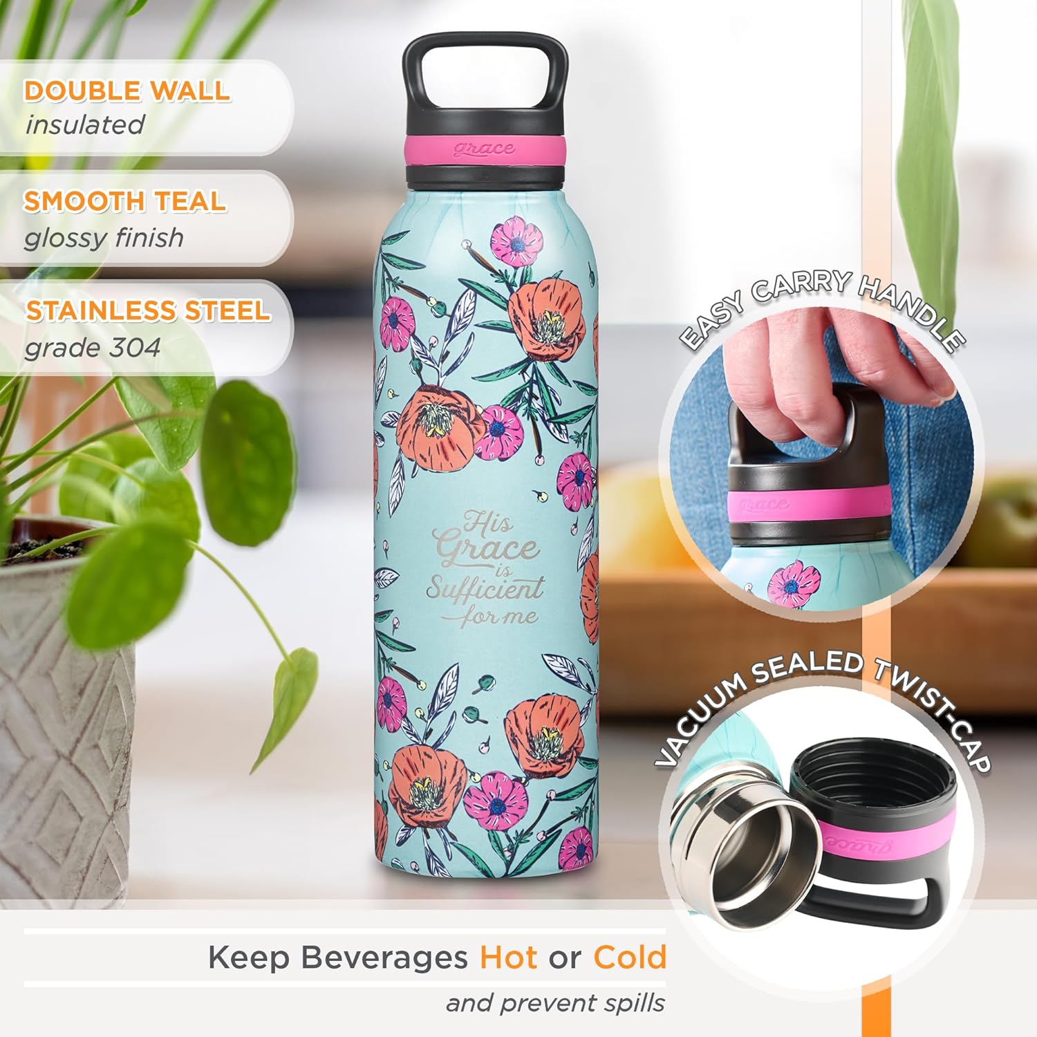 Christian Art Gifts Stainless Steel Double Wall Vacuum Insulated Water Bottle for Women: His Grace is Sufficient - 2 Corinthians 12:9 Inspirational Verse w/Carry Handle Lid, Teal Multi Floral, 24 oz.