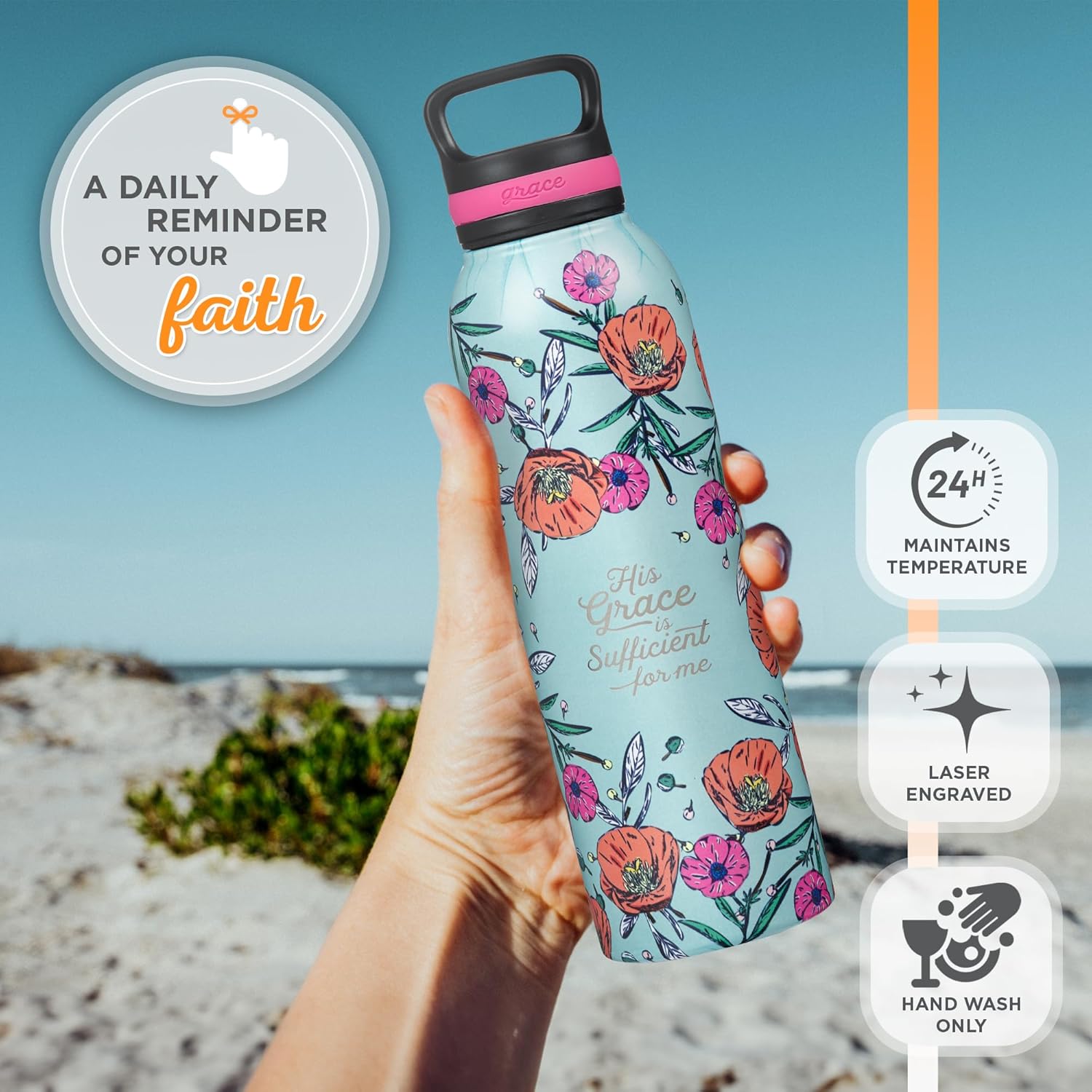 Christian Art Gifts Stainless Steel Double Wall Vacuum Insulated Water Bottle for Women: His Grace is Sufficient - 2 Corinthians 12:9 Inspirational Verse w/Carry Handle Lid, Teal Multi Floral, 24 oz.