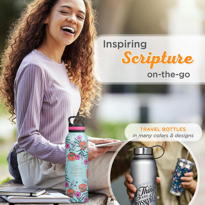 Christian Art Gifts Stainless Steel Double Wall Vacuum Insulated Water Bottle for Women: His Grace is Sufficient - 2 Corinthians 12:9 Inspirational Verse w/Carry Handle Lid, Teal Multi Floral, 24 oz.