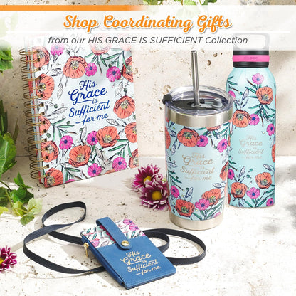 Christian Art Gifts Stainless Steel Double Wall Vacuum Insulated Water Bottle for Women: His Grace is Sufficient - 2 Corinthians 12:9 Inspirational Verse w/Carry Handle Lid, Teal Multi Floral, 24 oz.