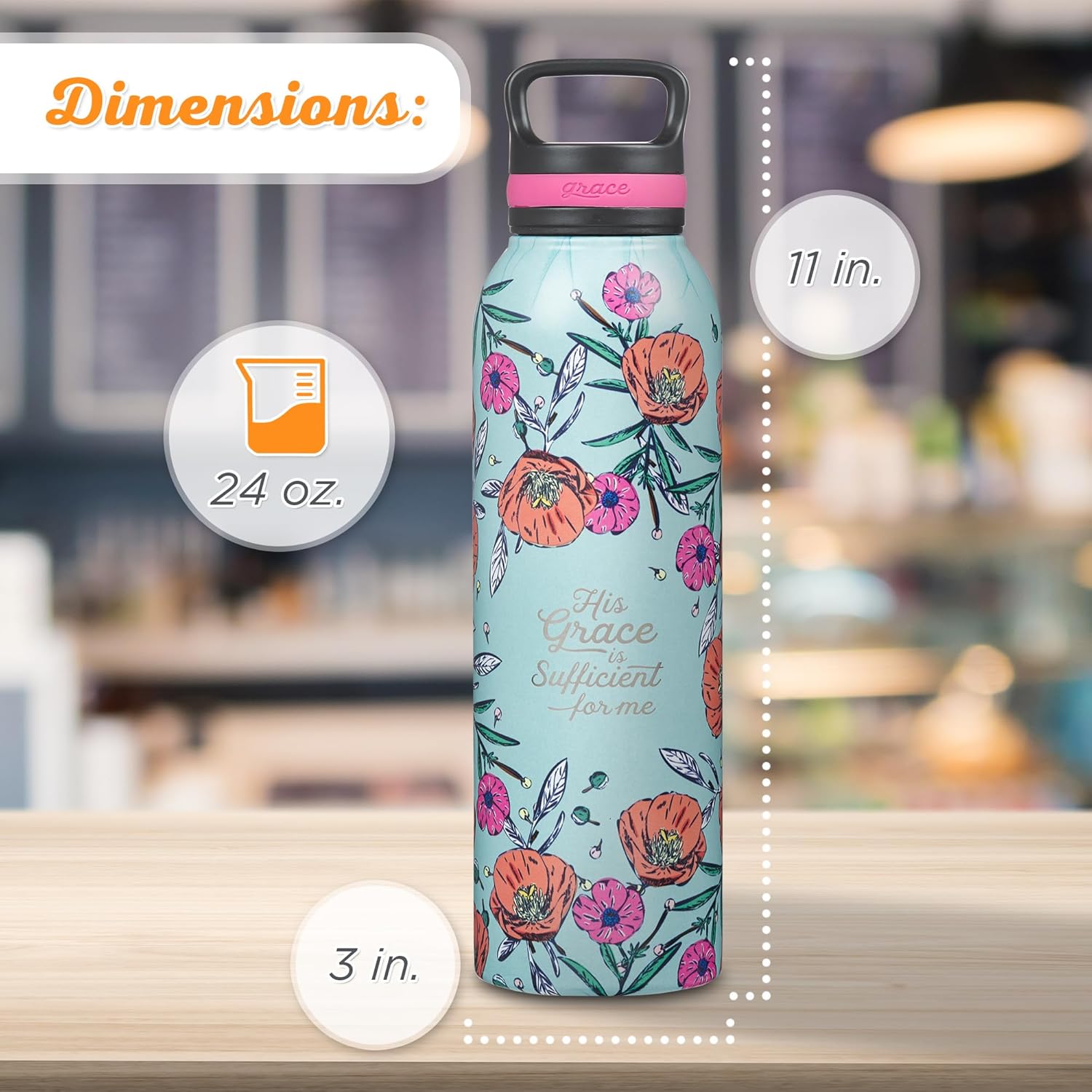 Christian Art Gifts Stainless Steel Double Wall Vacuum Insulated Water Bottle for Women: His Grace is Sufficient - 2 Corinthians 12:9 Inspirational Verse w/Carry Handle Lid, Teal Multi Floral, 24 oz.