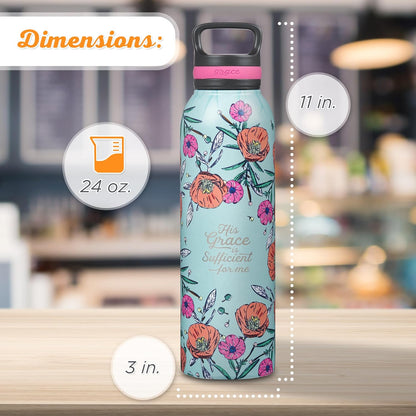 Christian Art Gifts Stainless Steel Double Wall Vacuum Insulated Water Bottle for Women: His Grace is Sufficient - 2 Corinthians 12:9 Inspirational Verse w/Carry Handle Lid, Teal Multi Floral, 24 oz.