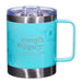 Christian Art Gifts Stainless Steel Double Wall Vacuum Insulated Camp Style Travel Mug 11 oz Floral Teal Coffee Mug with Lid and Handle for Women - Strength and Dignity - Proverbs 31:25