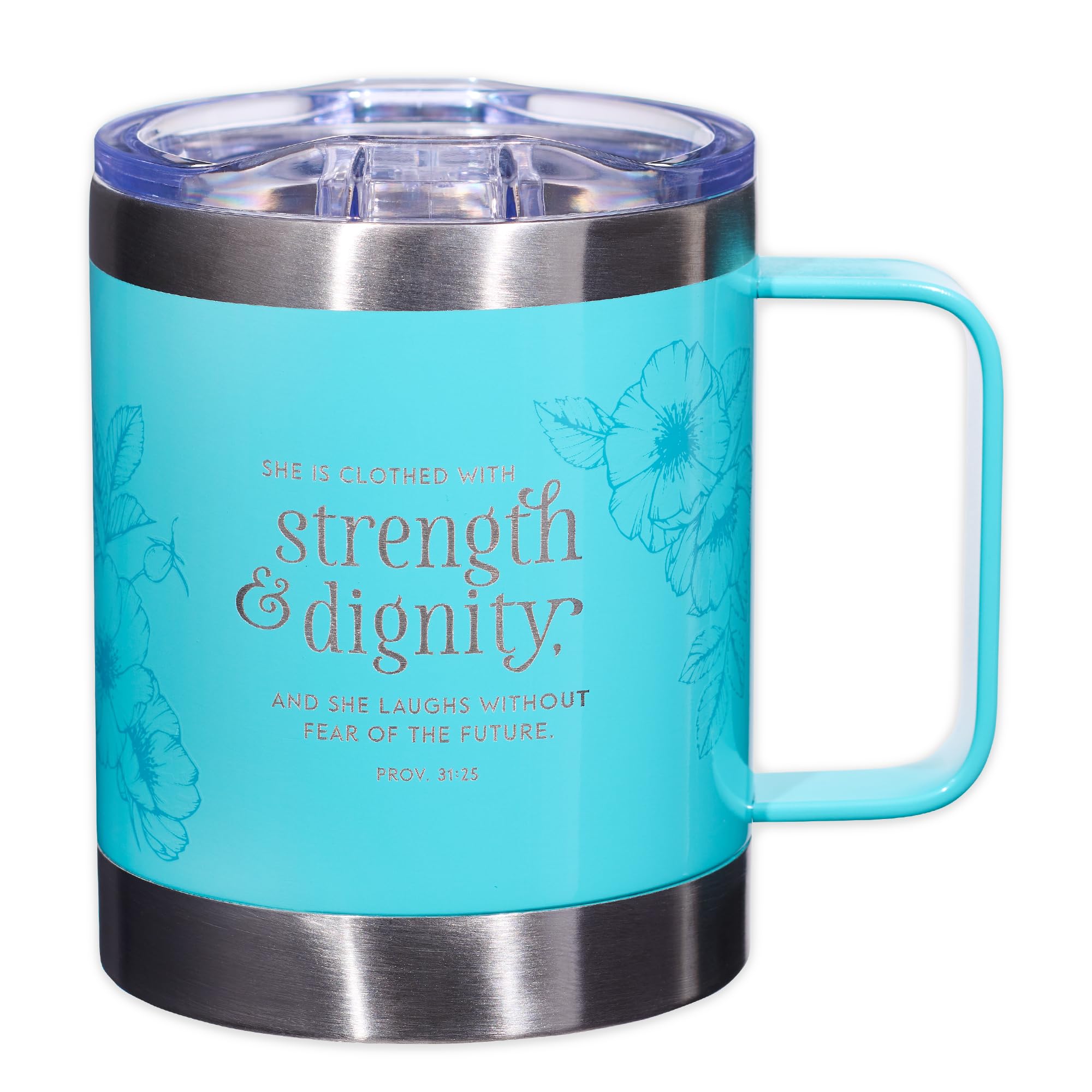 Christian Art Gifts Stainless Steel Double Wall Vacuum Insulated Camp Style Travel Mug 11 oz Floral Teal Coffee Mug with Lid and Handle for Women - Strength and Dignity - Proverbs 31:25