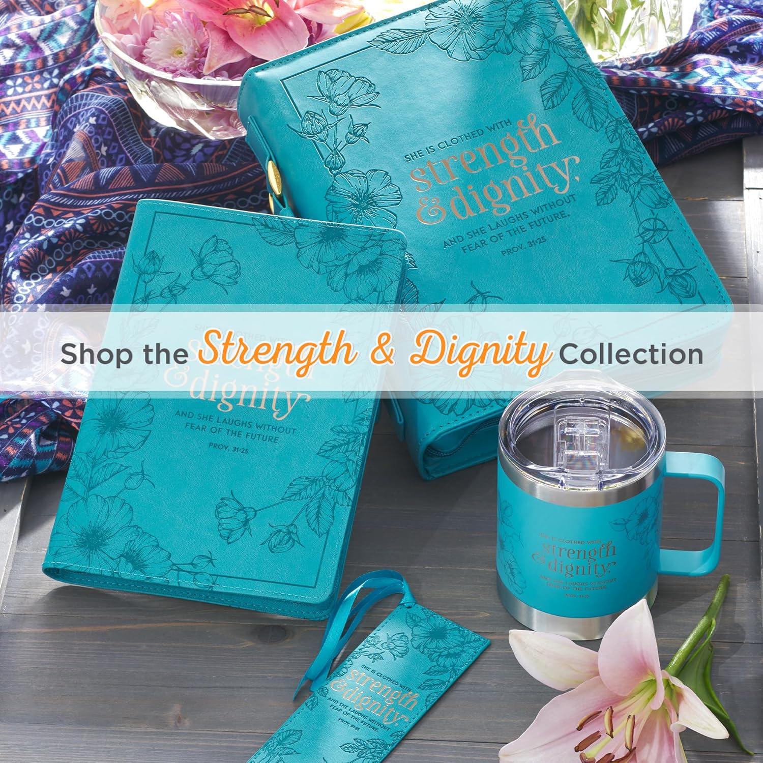 Christian Art Gifts Stainless Steel Double Wall Vacuum Insulated Camp Style Travel Mug 11 oz Floral Teal Coffee Mug with Lid and Handle for Women - Strength and Dignity - Proverbs 31:25