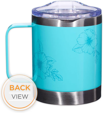 Christian Art Gifts Stainless Steel Double Wall Vacuum Insulated Camp Style Travel Mug 11 oz Floral Teal Coffee Mug with Lid and Handle for Women - Strength and Dignity - Proverbs 31:25