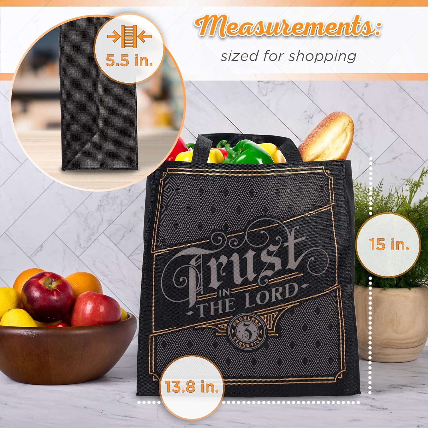 Christian Art Gifts Large Reusable Shopping Tote Bags for Women & Men, Inspirational Scripture, Sturdy Handles, Multicolor