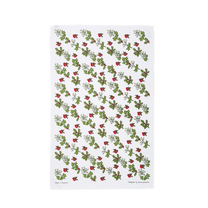 Alison Gardiner Christmas Tea Towel Holly and Ivy Design 100% Cotton