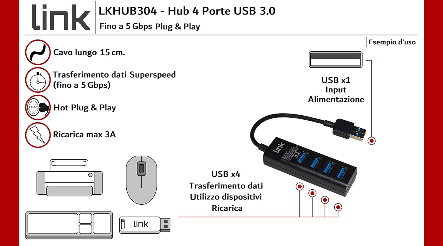 Hub 4 Porte Usb 3.0 Con Cavo Cm 15