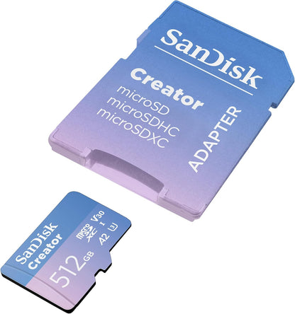 SanDisk Creator microSDXC UHS-I + SD adapter 512 B (For Smartphones, Camera's and Drones, 5,3K & 4K, A2, C10, V30, U3, Speeds up to 190 MB/s, 3 months Adobe Lightroom included