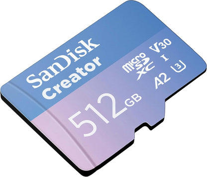 SanDisk Creator microSDXC UHS-I + SD adapter 512 B (For Smartphones, Camera's and Drones, 5,3K & 4K, A2, C10, V30, U3, Speeds up to 190 MB/s, 3 months Adobe Lightroom included