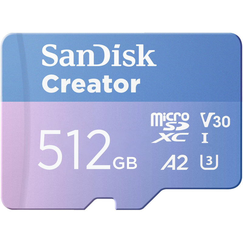 SanDisk Creator microSDXC UHS-I + SD adapter 512 B (For Smartphones, Camera's and Drones, 5,3K & 4K, A2, C10, V30, U3, Speeds up to 190 MB/s, 3 months Adobe Lightroom included