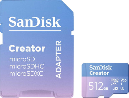 SanDisk Creator microSDXC UHS-I + SD adapter 512 B (For Smartphones, Camera's and Drones, 5,3K & 4K, A2, C10, V30, U3, Speeds up to 190 MB/s, 3 months Adobe Lightroom included