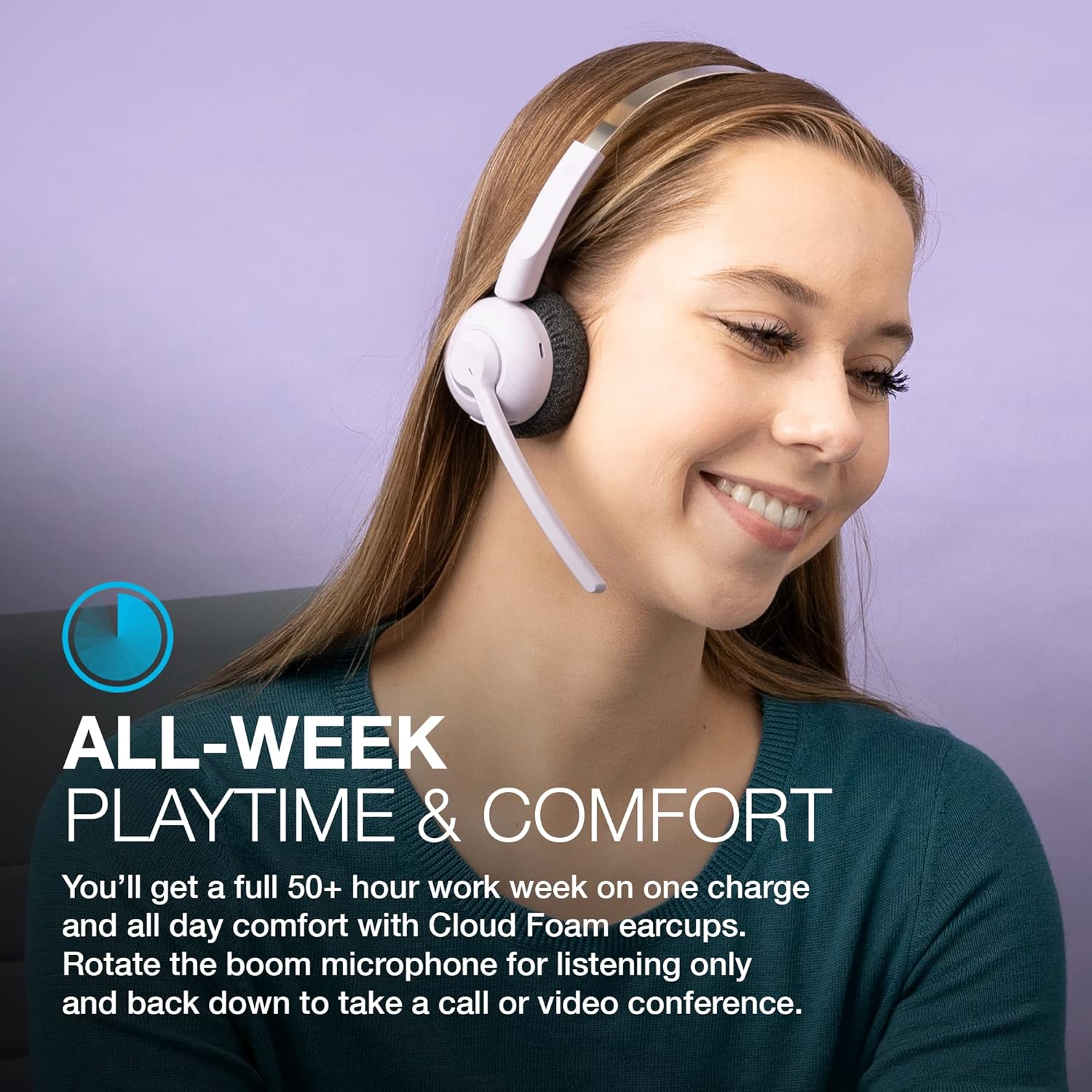 JLab Go Work Pop Wireless Headsets with Microphone - 50+ H Bluetooth Computer Headset, Multipoint Connect, On Ear Wireless Office PC Laptop Headphones with Microphone, Lilac
