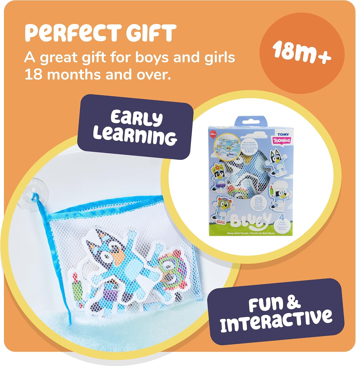 Tomy Toomies Bluey Bad-Puzzle – Mix and Match Bluey Puzzle – Schaumstoff Kleinkind Badespielzeug – Inklusive Netztasche Badespielzeug Aufbewahrung mit Saugnäpfen – 8 Stück – ab 18 Monaten