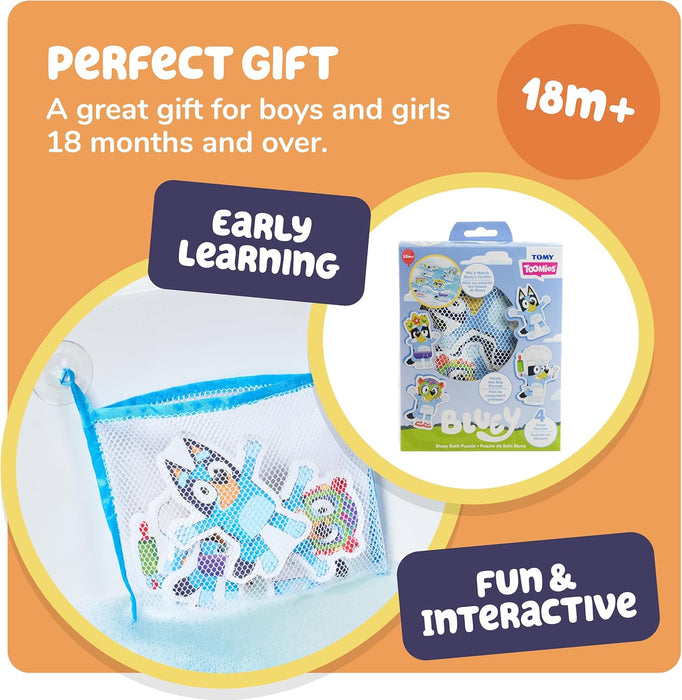 Tomy Toomies Bluey Bad-Puzzle – Mix and Match Bluey Puzzle – Schaumstoff Kleinkind Badespielzeug – Inklusive Netztasche Badespielzeug Aufbewahrung mit Saugnäpfen – 8 Stück – ab 18 Monaten