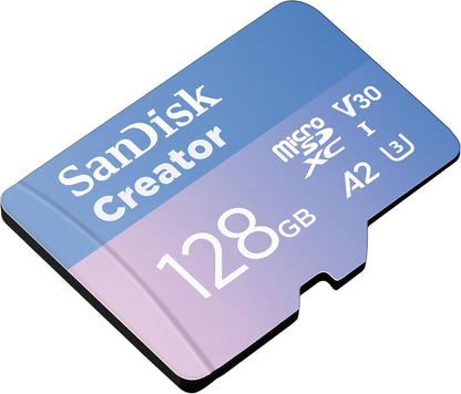 SanDisk Creator microSDXC UHS-I + SD adapter 128 GB (For Smartphones, Camera's and Drones, 5,3K & 4K, A2, C10, V30, U3, Speeds up to 190 MB/s, 3 months Adobe Lightroom included